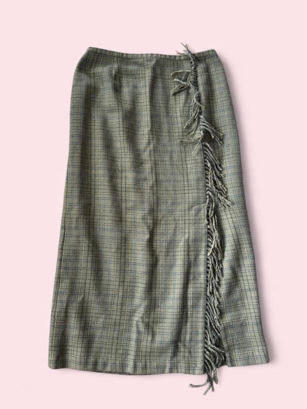Fringe-Trim Wool Plaid Skirt in Olive